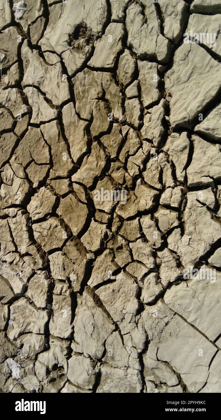 Gerissene Tonböden infolge von Dürre und Flusswasserverschwendung. Rote Erde Stockfoto