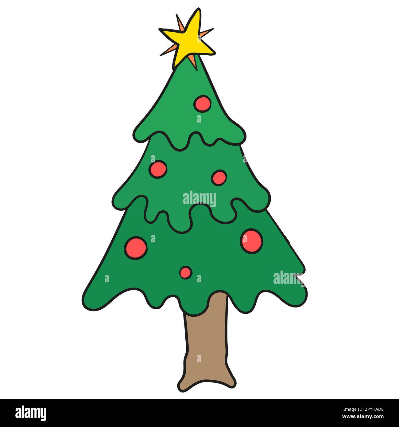 Der Weihnachtsbaum ist voller sehr großer Dekorationen. Bild des doodle-Symbols Stockfoto