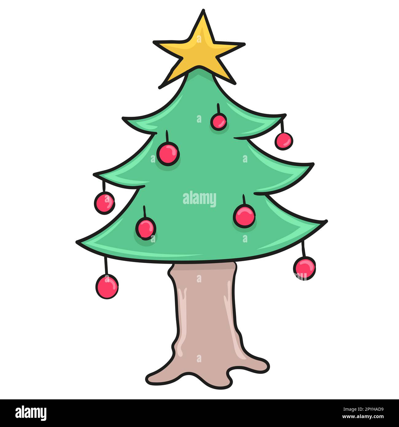 Weihnachtsbaum voller Dekorationen. Bild des doodle-Symbols Stockfoto