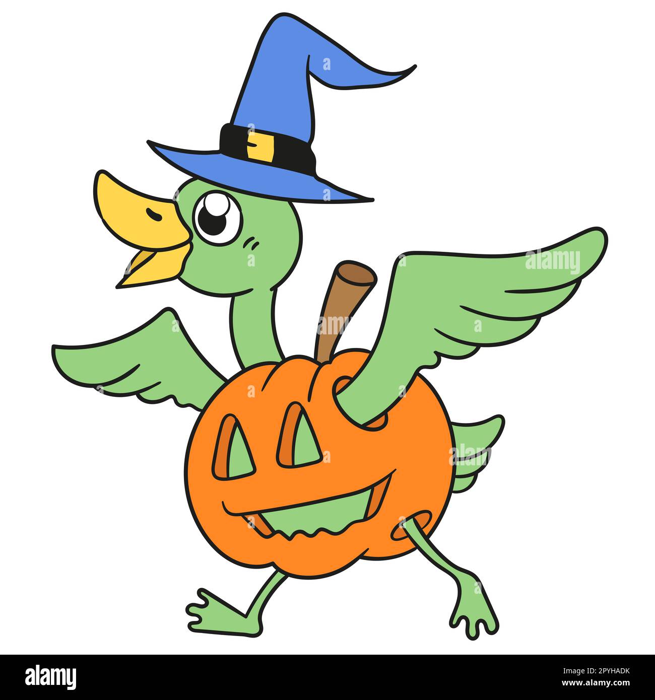 Ein Vogel in einem halloween-Kürbiskostüm. Bild des doodle-Symbols Stockfoto