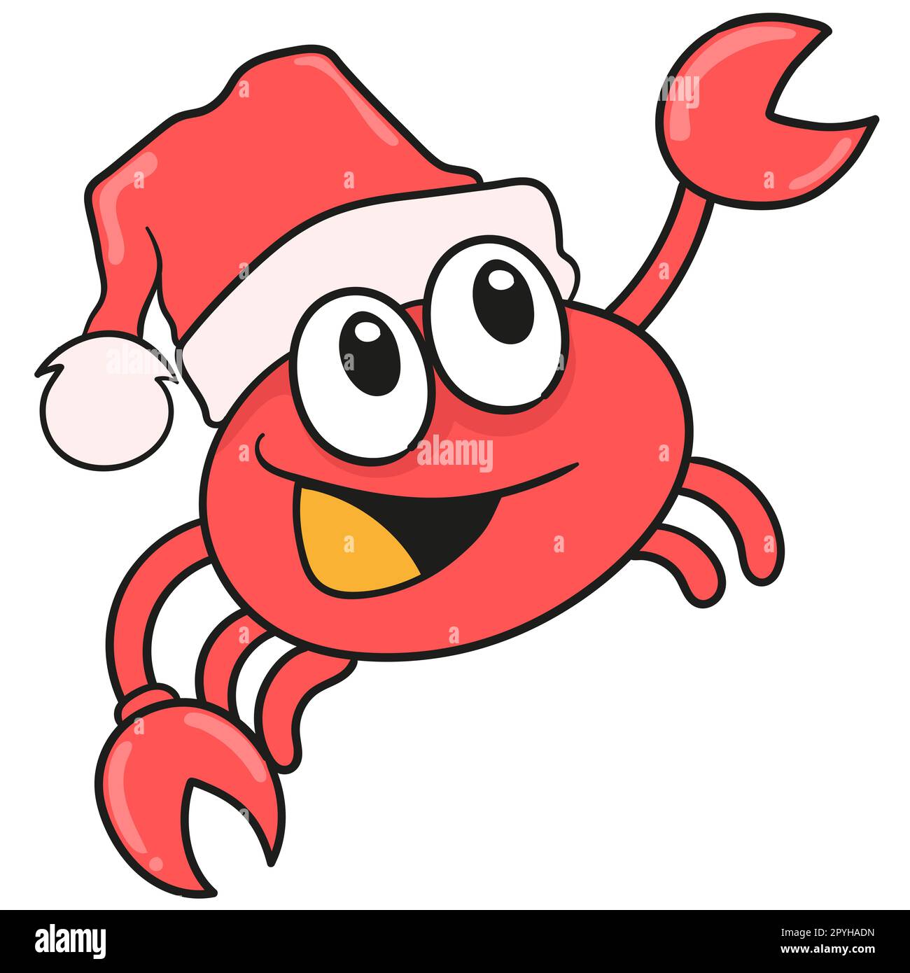 Krabben feiern weihnachten mit weihnachtsmannmütze. Bild des doodle-Symbols Stockfoto