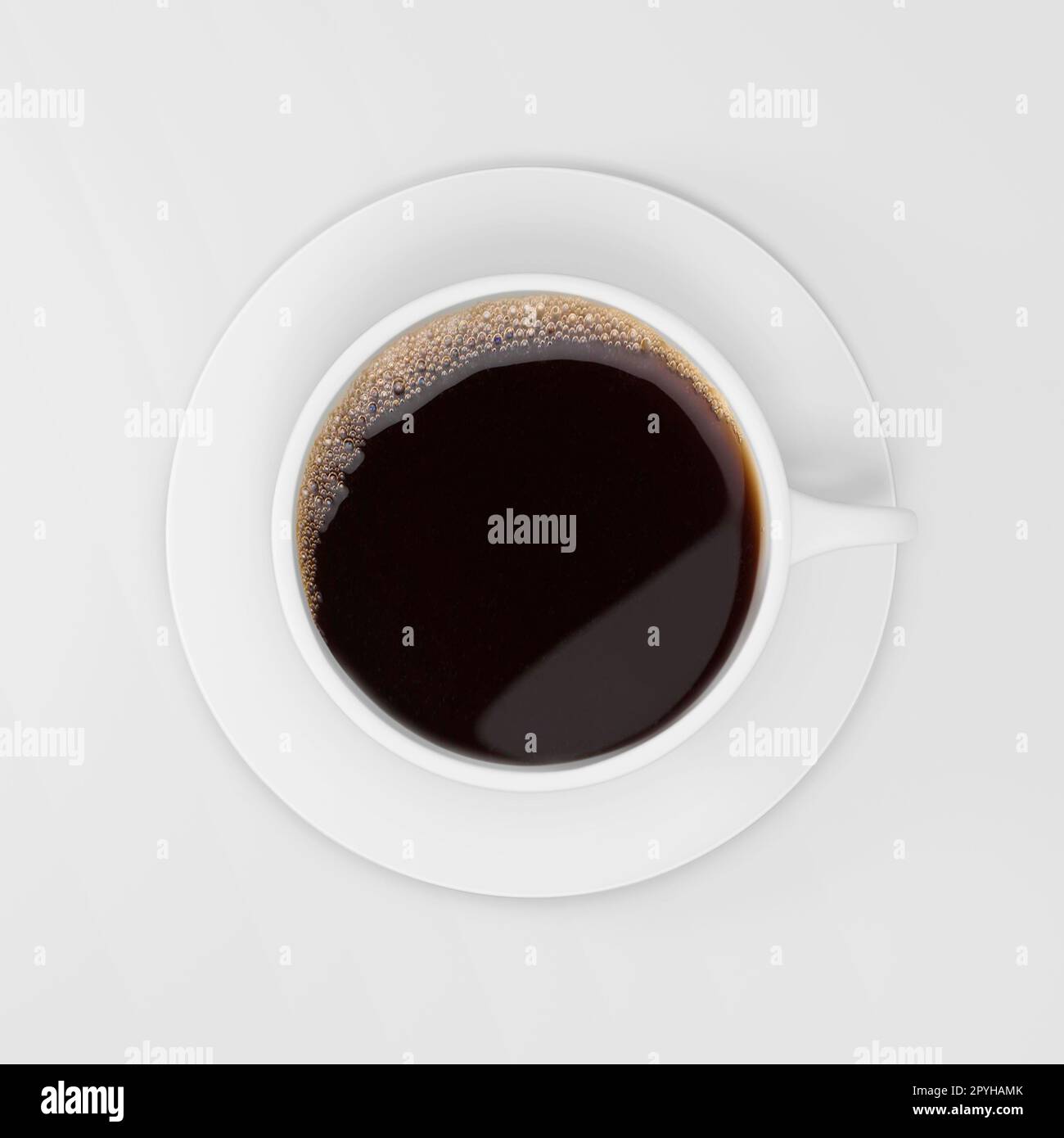 Draufsicht auf eine Tasse Kaffee, isolieren auf weiß Stockfoto
