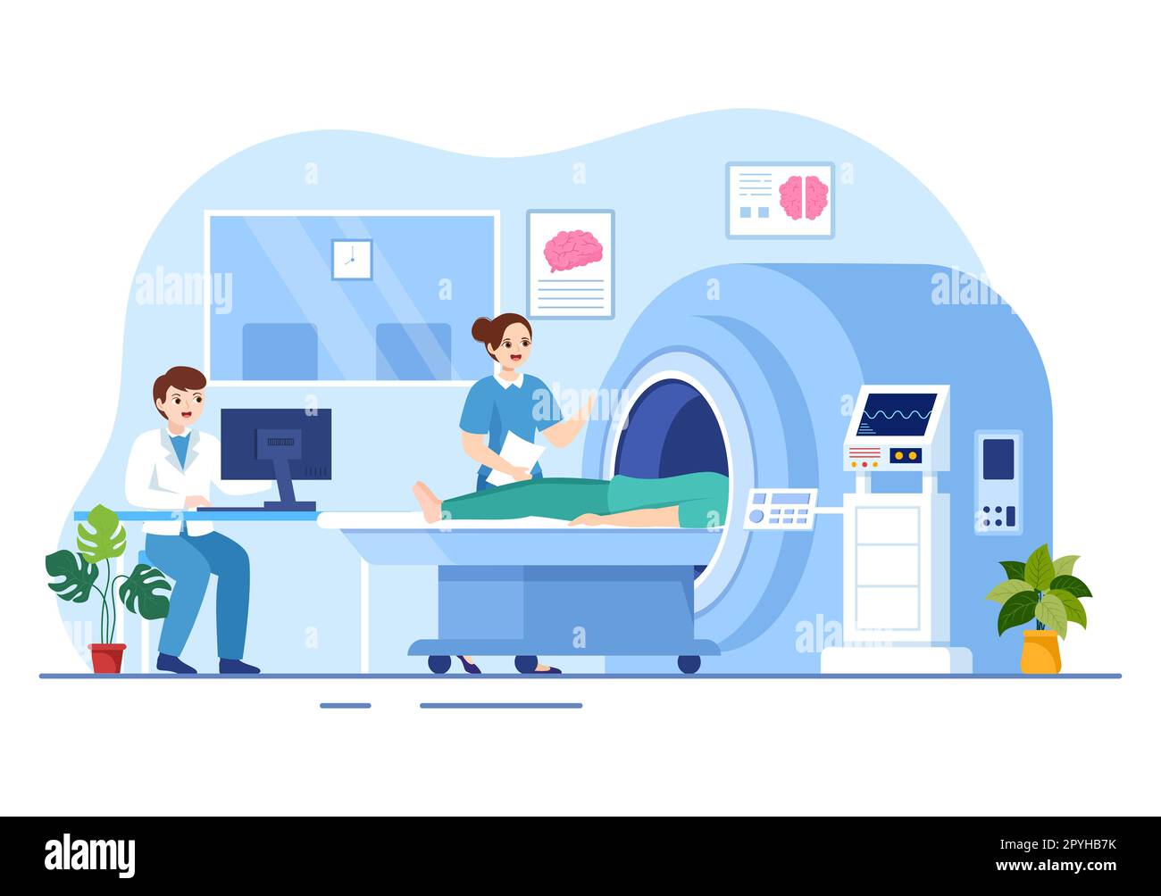 MRT- oder Magnetresonanztomographie-Illustration mit Arzt und Patient bei medizinischer Untersuchung und CT-Scan in flachen, handgezeichneten Schablonen Stockfoto