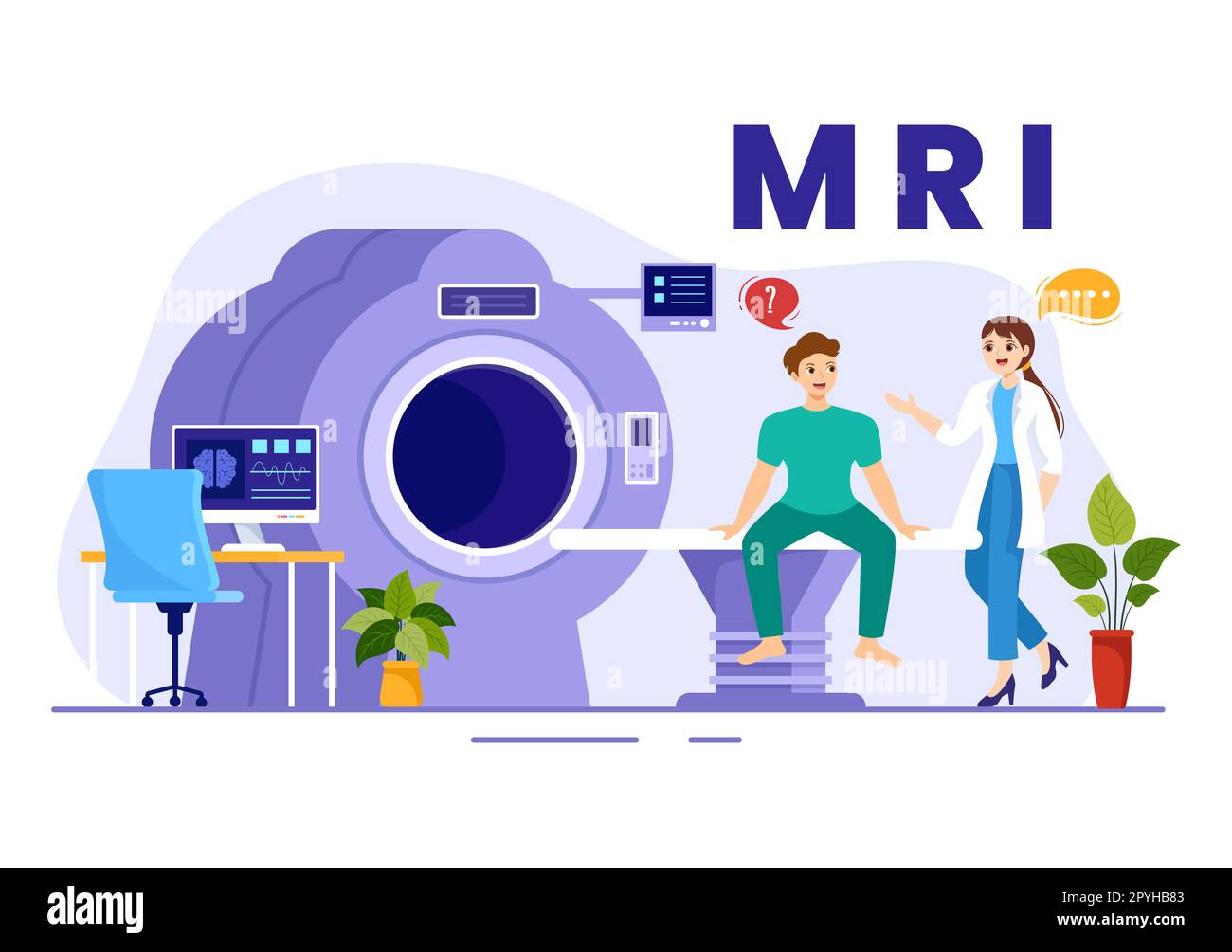 MRT- oder Magnetresonanztomographie-Illustration mit Arzt und Patient bei medizinischer Untersuchung und CT-Scan in flachen, handgezeichneten Schablonen Stockfoto