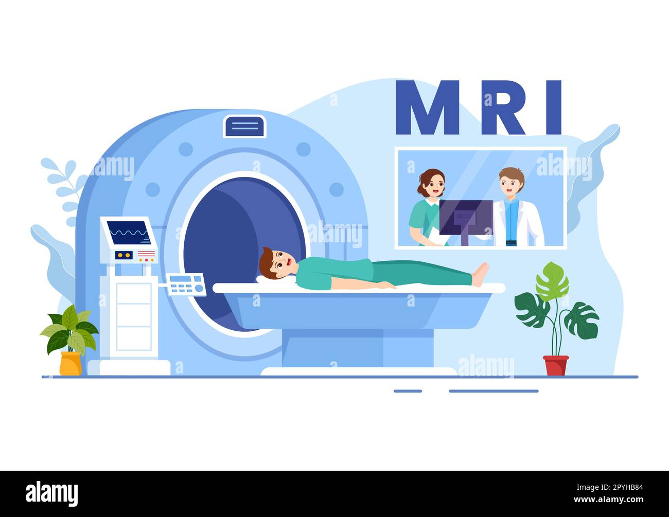 MRT- oder Magnetresonanztomographie-Illustration mit Arzt und Patient bei medizinischer Untersuchung und CT-Scan in flachen, handgezeichneten Schablonen Stockfoto
