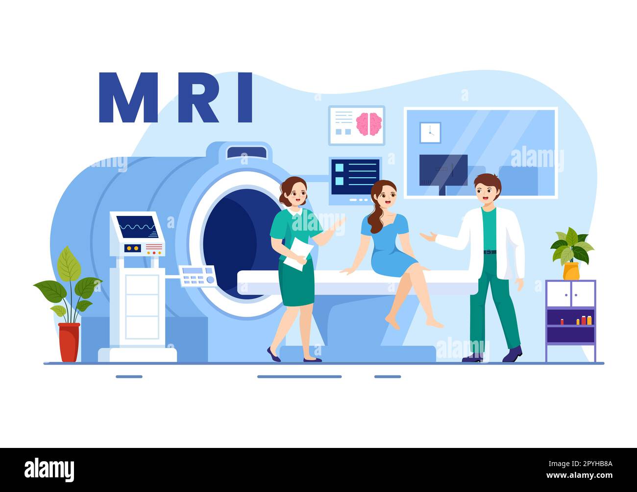 MRT- oder Magnetresonanztomographie-Illustration mit Arzt und Patient bei medizinischer Untersuchung und CT-Scan in flachen, handgezeichneten Schablonen Stockfoto