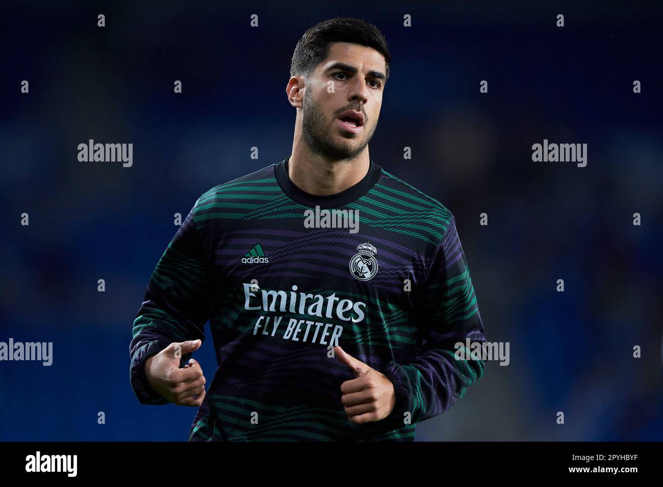 Marco Asensio vom Real Madrid CF schaut während des Spiels La Liga Santander zwischen Real Sociedad und Real Madrid CF im reale Arena Stadion am 2. Mai zu, Stockfoto