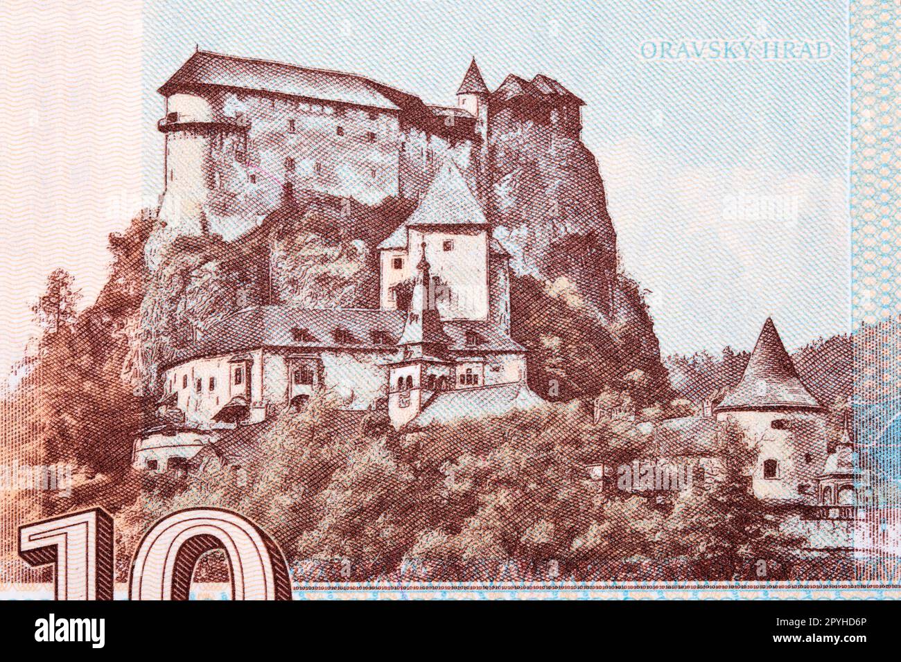 Burg Orava aus slowakischem Geld Stockfoto