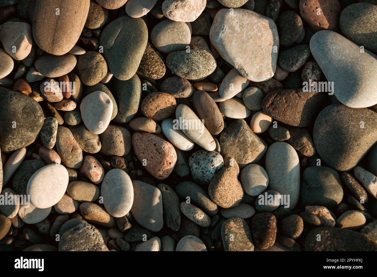 Steinkiesel am Strand als Hintergrund Stockfoto