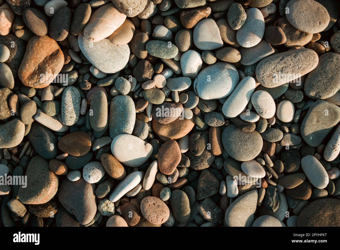 Steinkiesel am Strand als Hintergrund Stockfoto