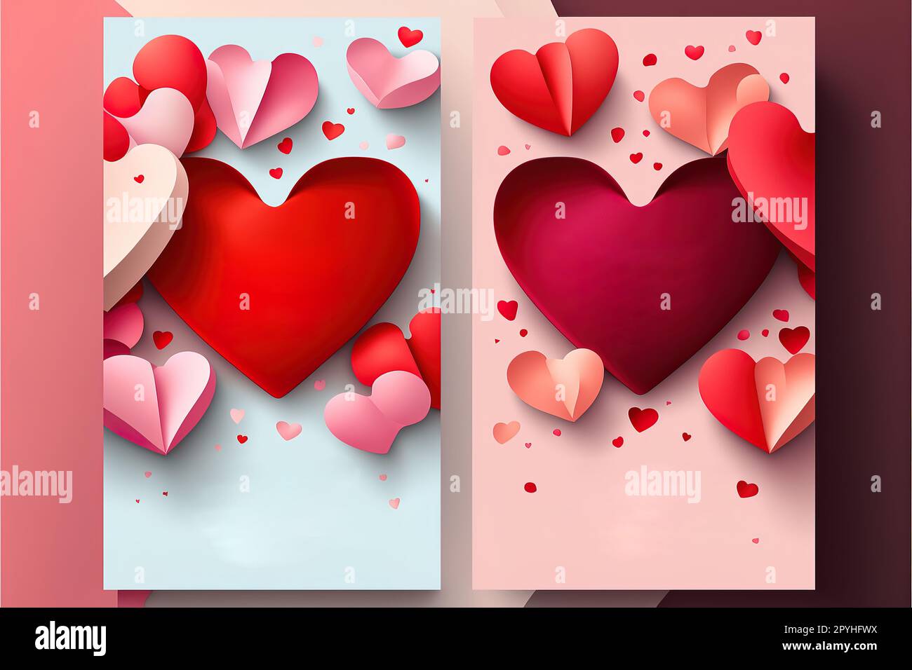 Valentinstag-Sonderangebot Banner mit rosa und roten Papierherzen, Plakatvorlage. valentinstag-Hintergrund mit Herzen. Rabattflyer Stockfoto