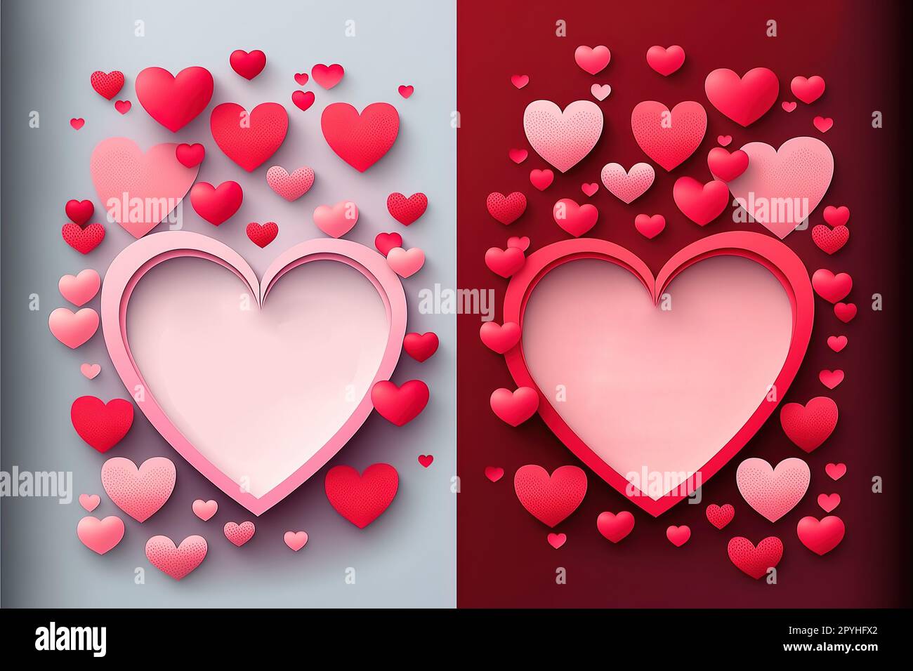 Valentinstag-Sonderangebot Banner mit rosa und roten Papierherzen, Plakatvorlage. valentinstag-Hintergrund mit Herzen. Rabattflyer Stockfoto
