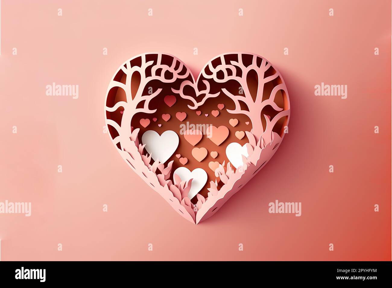 Ausgeschnittenes Vektordesign im Papierstil mit valentinstagsmotiv auf pinkfarbenem, abgestuftem Hintergrund Stockfoto