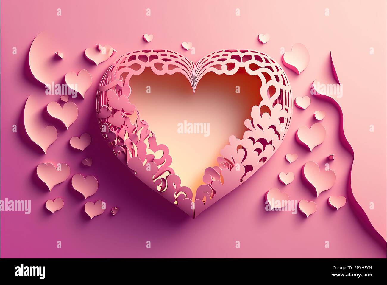 Ausgeschnittenes Vektordesign im Papierstil mit valentinstagsmotiv auf pinkfarbenem, abgestuftem Hintergrund Stockfoto
