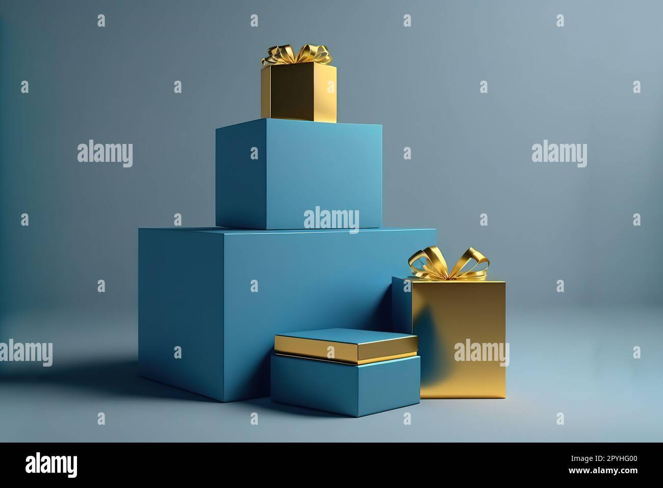 Blaues Podium mit blauen Geschenkboxen und goldenem Band auf blauem Studio, minimales Konzept, Produktpräsentation Stockfoto