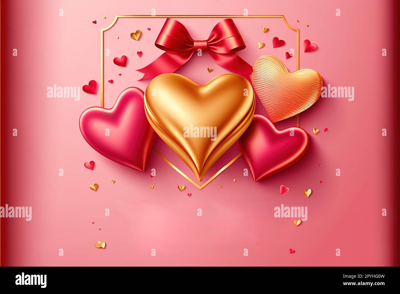Happy Valentine's Day Poster Voucher, 3D rotes rosa Herz, goldene Metallform, Stern und Schleifen auf rosa Hintergrund Stockfoto