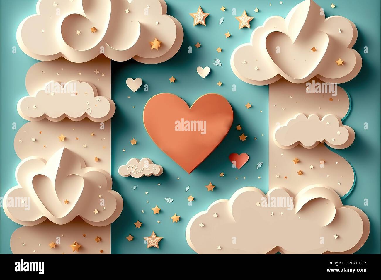 Love-Einladung Valentinstag abstrakter Hintergrund mit Text Liebe und Wolken, Sterne, Papierschnitt Mini Heart. Vektordarstellung Stockfoto