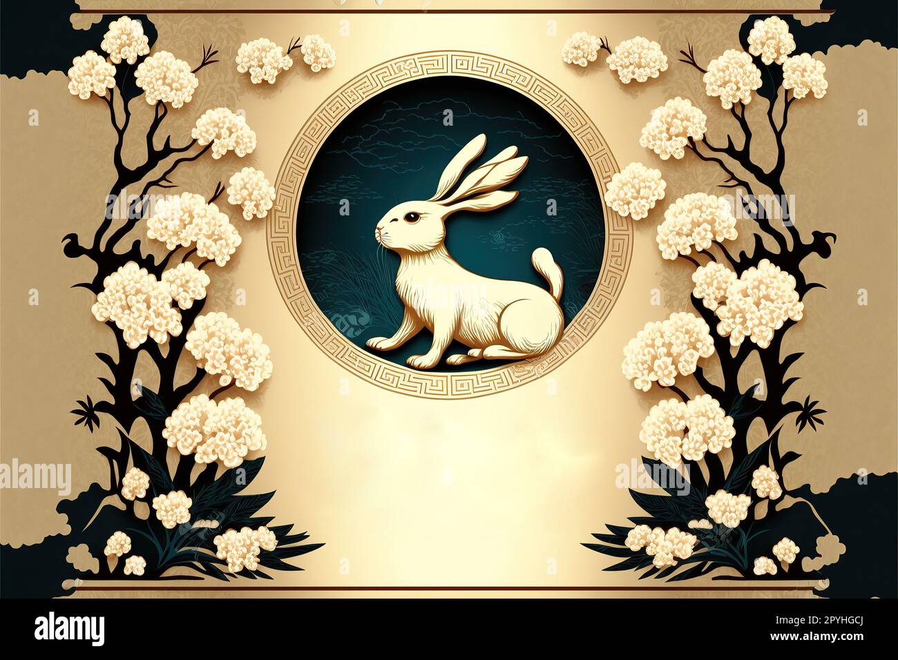 Chinesisches Neujahr 2023, „Jahr des Kaninchens“-Banner-Design mit Hintergrund für Kaninchen und Blumen. Chinesische Übersetzung: Frohes neues Jahr und Hase Stockfoto