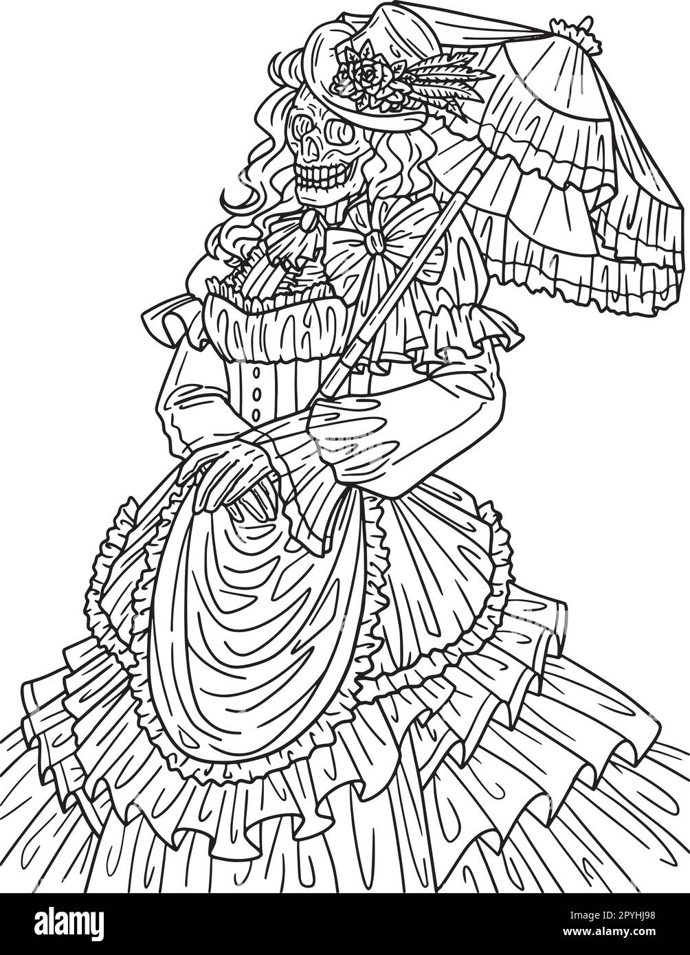 Halloween-Skelett in einem viktorianischen Kleid isoliert Stock Vektor