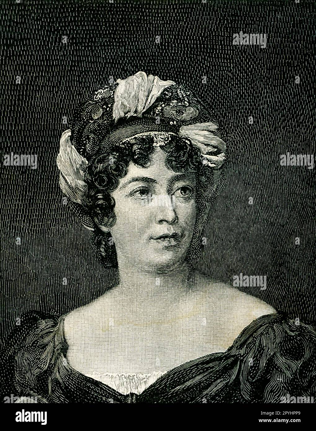 Dieses Bild von einem Gemälde von Francois Gerard ist von Madame. De Stael. Sie wurde von R G Tietze eingraviert. Madame de Staël (1766-1817) war eine politisch engagierte Brieffrau, die die Französische Revolution überlebte und mehr als einmal von Napoleon ins Exil verbannt wurde. Francois Pascal Simon Gérard, 1809 Baron Gérard, war ein prominenter französischer Maler. Er wurde in Rom geboren, wo sein Vater einen Posten im Haus des französischen Botschafters besaß. Stockfoto