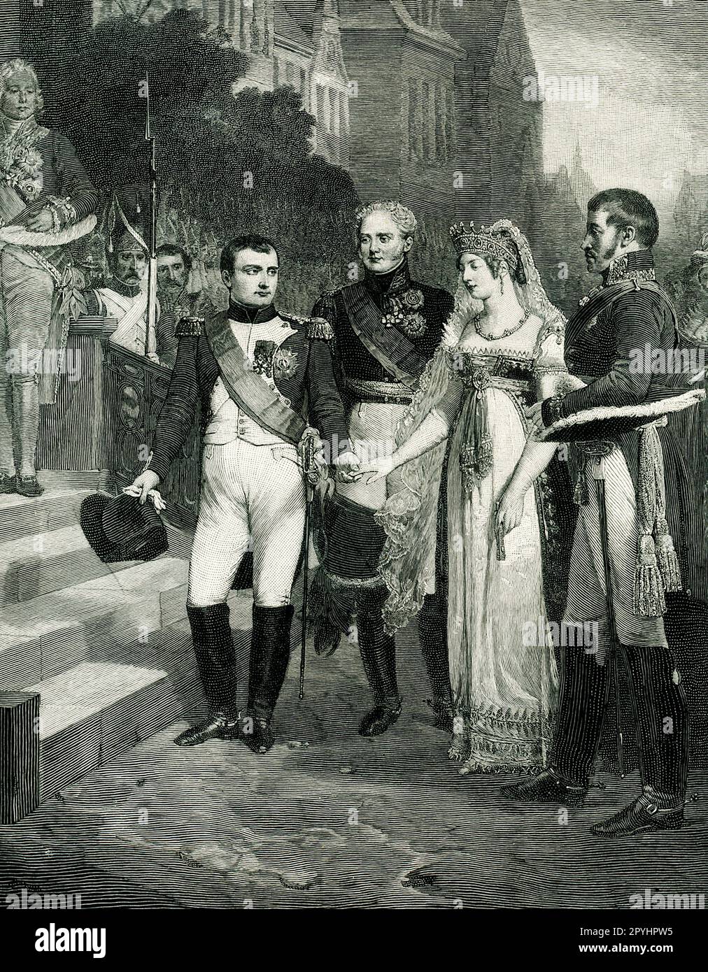 Dieses Bild aus einer Ausgabe des Century Magazine aus dem Jahr 1896 zeigt Napoleon, wie er am 6. Juli 1807 die Königin von Preußen in Tilst empfangen hat. Es ist von einem Gemälde von Nicolas-Louis-Francois Gosse, das sich im Museum von Versailles befindet, das von Peter Aitken graviert wurde. Stockfoto