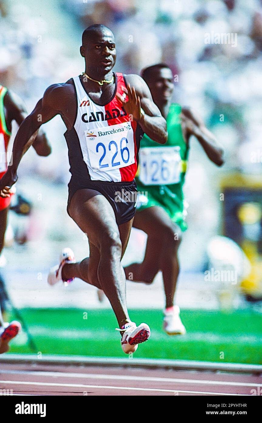 Ben Johnson (CAN), der bei den Olympischen Sommerspielen 1992 in den 100 Metern der Männer antritt. Stockfoto