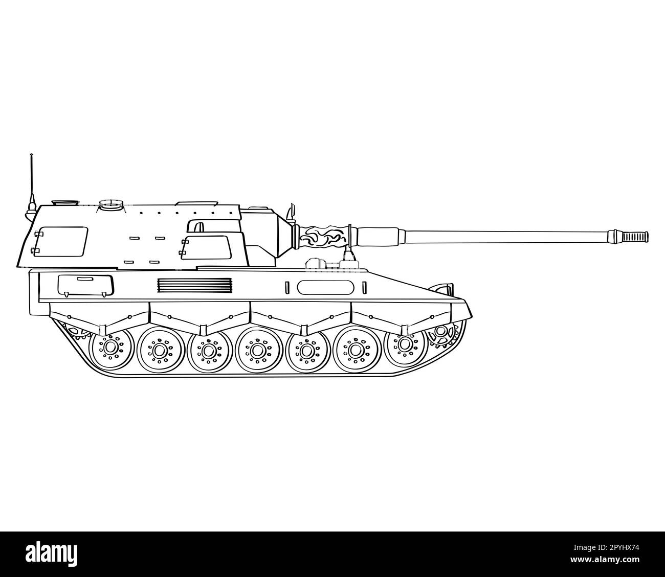 Militärgepanzerte Fahrzeugkritzelei. Selbstfahrende Haubitze. Deutsch 155 mm Panzerhaubitze 2000. Abbildung isoliert auf weißem Hintergrund. Stockfoto