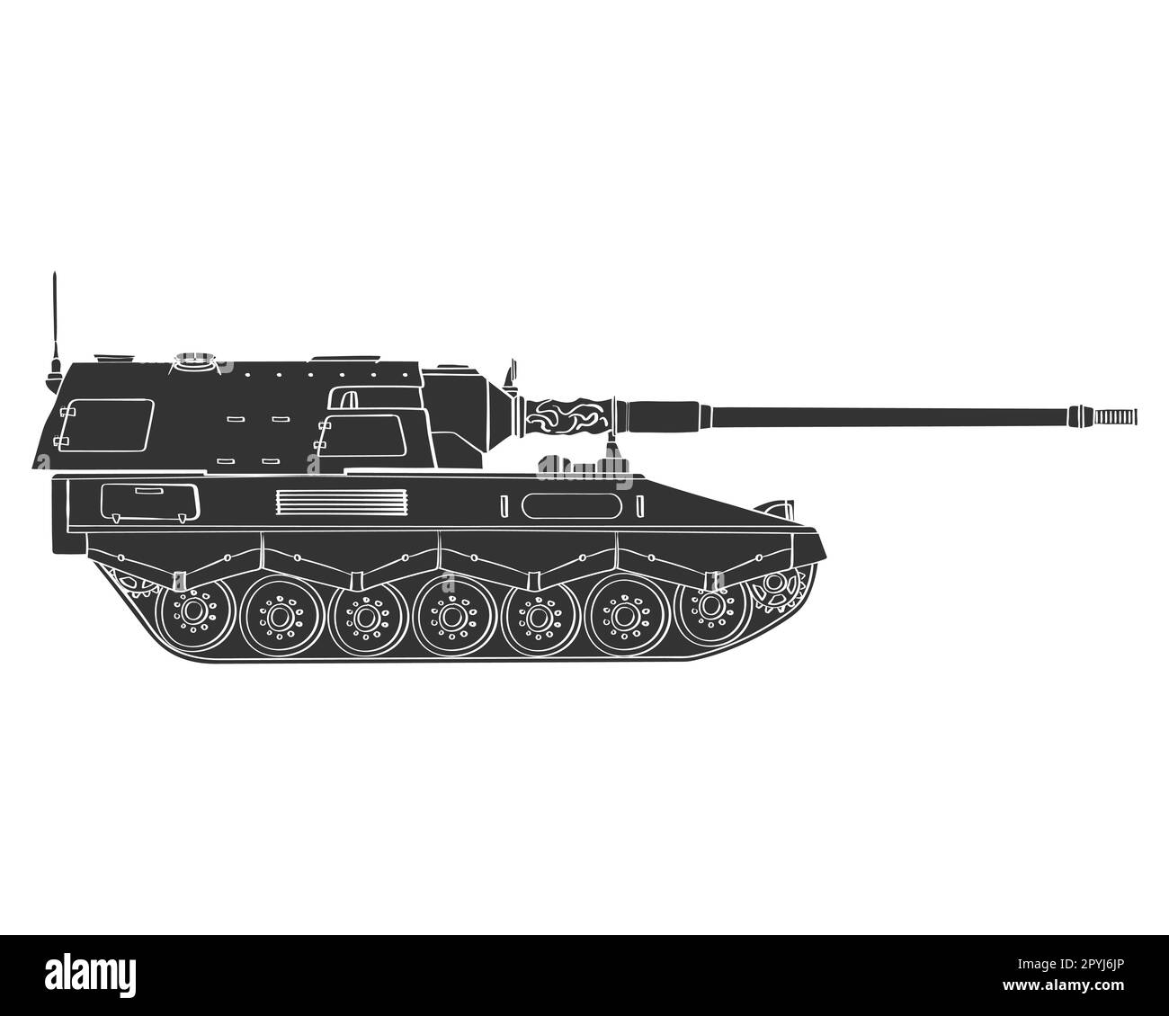 Militärisches gepanzertes Fahrzeug, schwarzes Doodle. Selbstfahrende Haubitze. Deutsch 155 mm Panzerhaubitze 2000. Vektordarstellung isoliert auf weißem Hintergrund. Stock Vektor