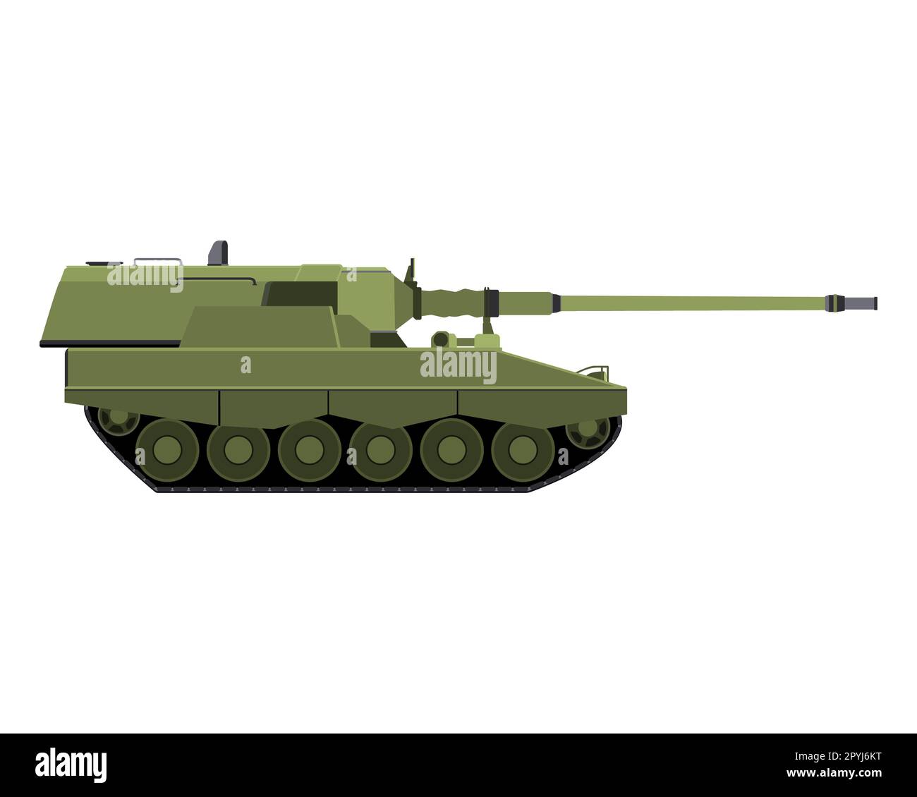 Selbstfahrende Haubitze in flacher Ausführung. Deutsch 155 mm Panzerhaubitze 2000. Militärgepanzertes Fahrzeug. Farbenfrohe Vektordarstellung isoliert auf weißem Bac Stock Vektor