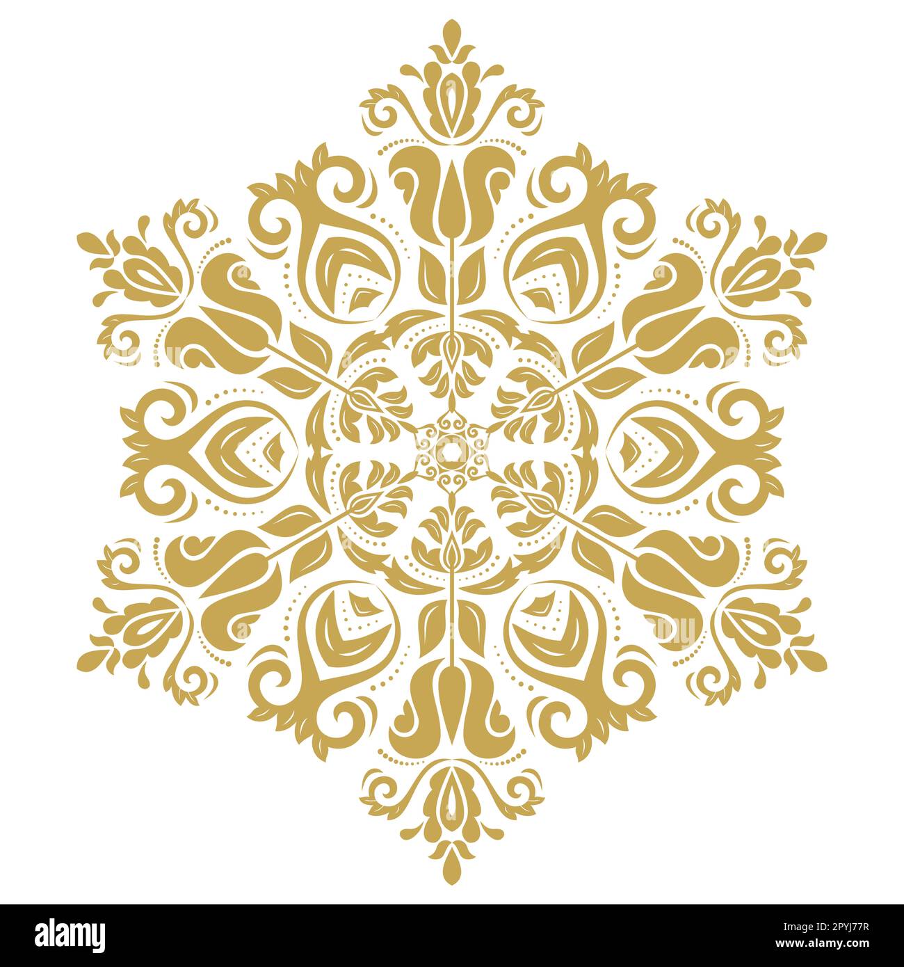 Orientalisches goldenes rundes Muster mit Arabesken und Blumenelementen. Traditionelle klassische Verzierung. Altmodisches Goldmuster mit Arabesken Stockfoto