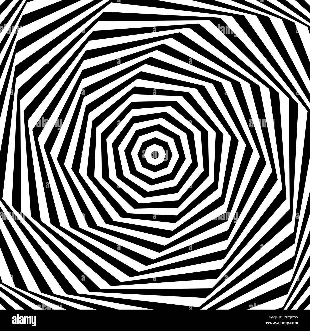 Optischer Täuschungshintergrund. Abstrakte geometrische Oberfläche in Schwarz und Weiß. Posterdesign. Torsions-Illusions-Tapete. Vektordarstellung Stock Vektor