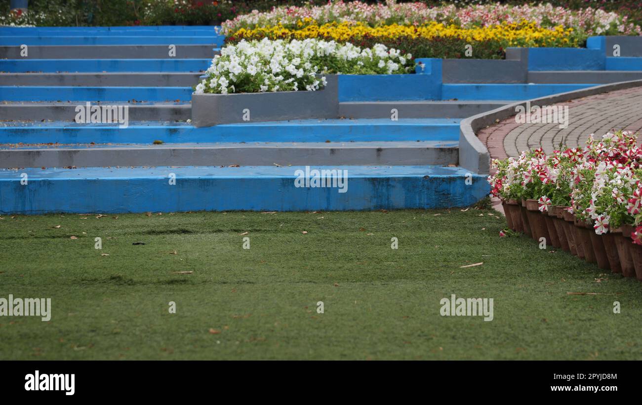 Blumen, Gartendesign und Treppen Stockfoto