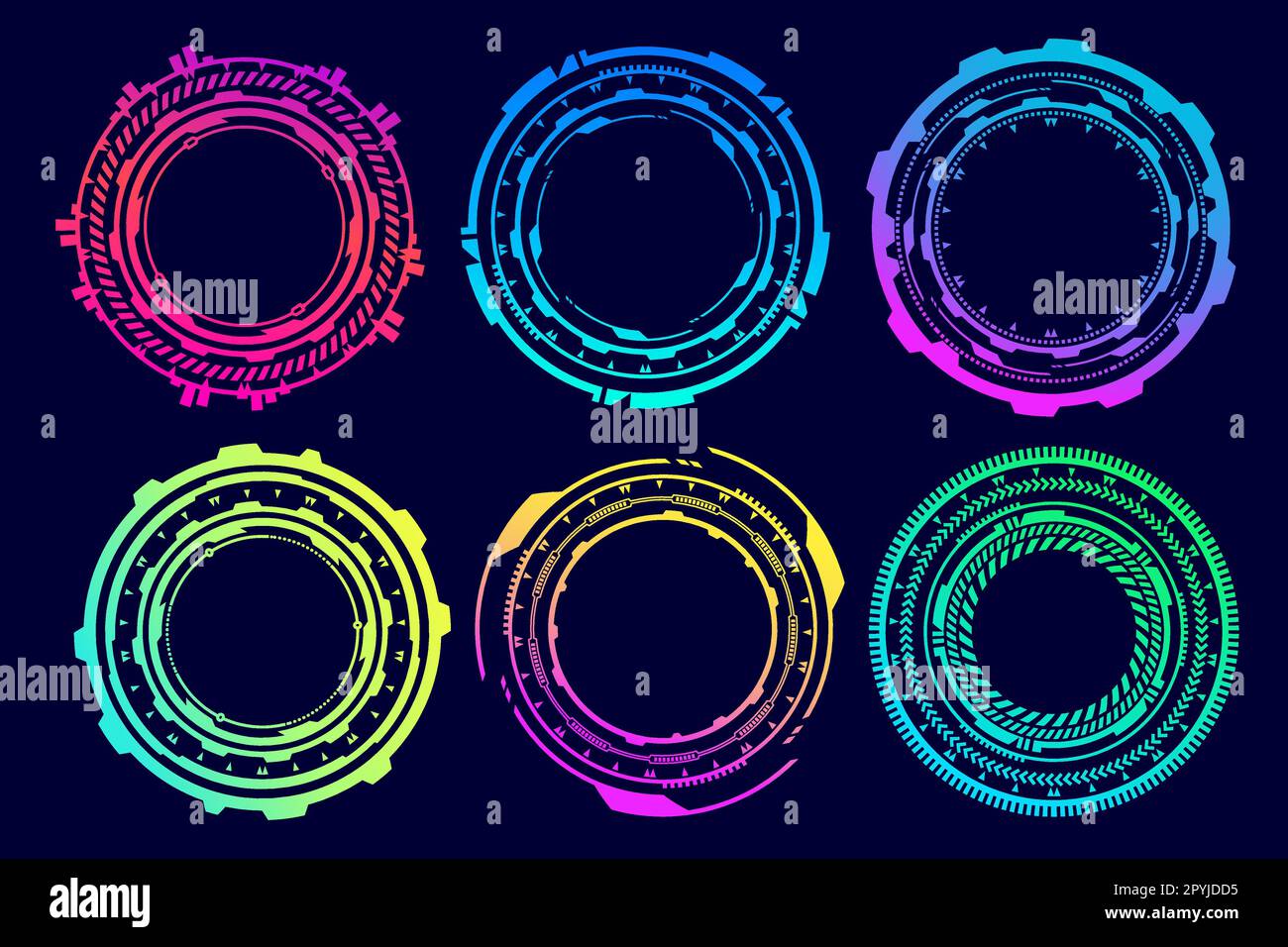 Futuristische HUD-Elemente. Abstraktes optisches Neon-AIM. Kreisen Sie geometrische Formen für virtuelle Oberflächen und Spiele ein. Kamera-Sucher für Scharfschützenwaffe Stock Vektor