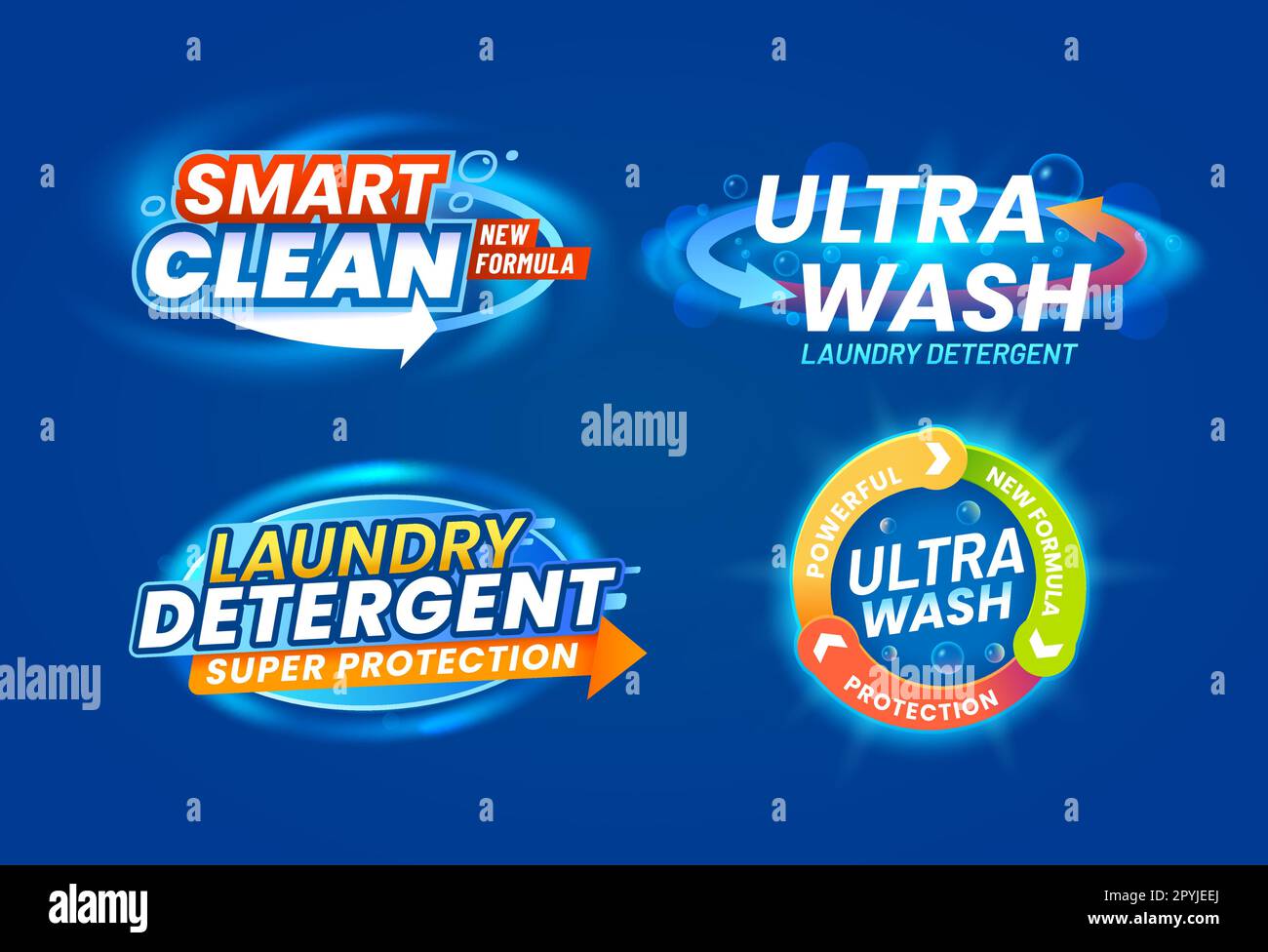 Farbetiketten für Pulver oder Reinigungsmittel. Reinigungsservice für Vektorwaschmaschinen, Flüssigseife Ultra Wash, neue Smart Formula Branding oder Werbeschilder mit Typografie Stock Vektor