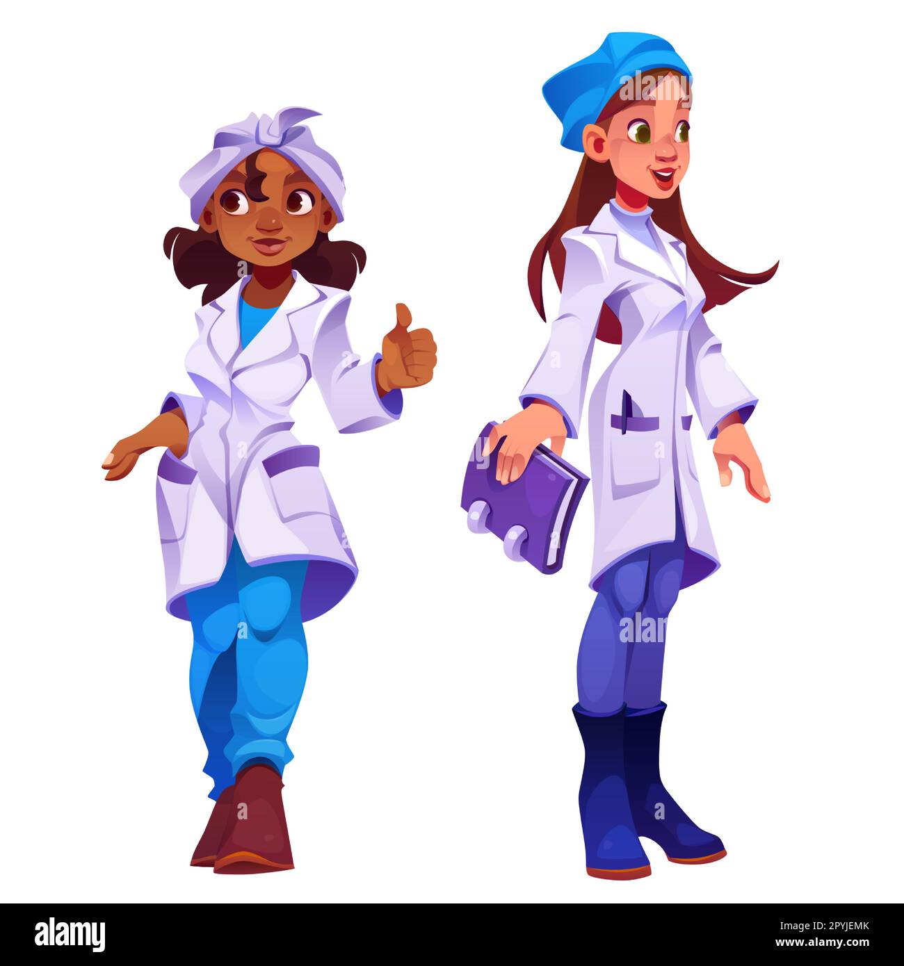 Weibliche Ärztin Cartoon-Vektorfigur. Isolierte weibliche Krankenhauspersonal-Illustration. Professionelles Gesundheitsteam mit Zahnarzt und Therapeut. Glücklicher junger afrikanischer Apotheker in Uniform mit Mütze. Stock Vektor