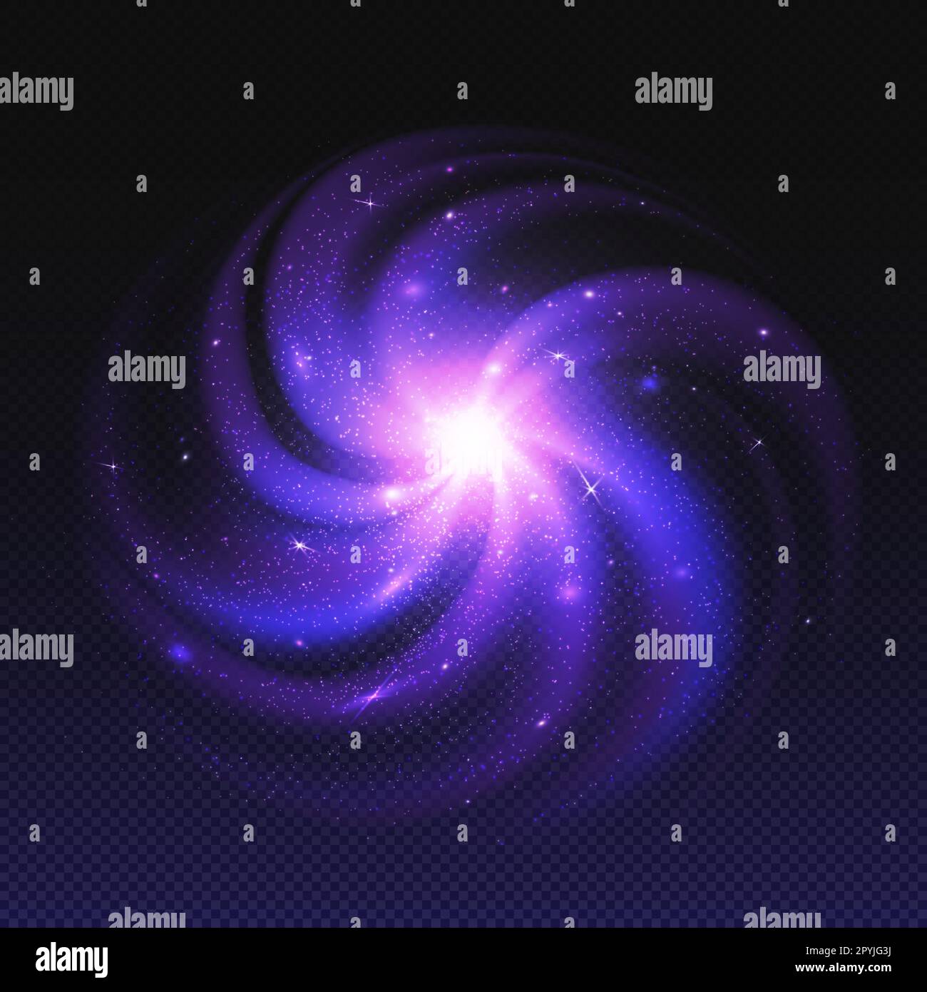 Violetter Nebel, spiralförmige Galaxie mit glühenden Planeten und Sternen. Space Twisted andromeda System mit weißem Loch und Milchstraße, tiefer Kosmos mit interstellarem Staub, abstrakter realistischer Vektor auf transparent Stock Vektor