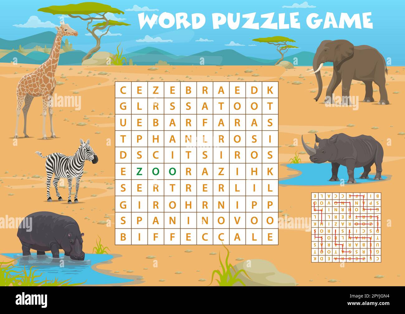 Puzzlespiel mit afrikanischen Savannah-Safaritieren, Arbeitsblatt für Vektorkinder-Quiz. Elefant, Zebra und Giraffe mit Nashörnern und Nilpferd Stock Vektor