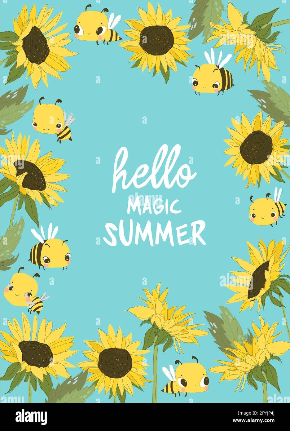 Süßer Cartoon-Rahmen mit Sonnenblumen und Bienen Stock Vektor