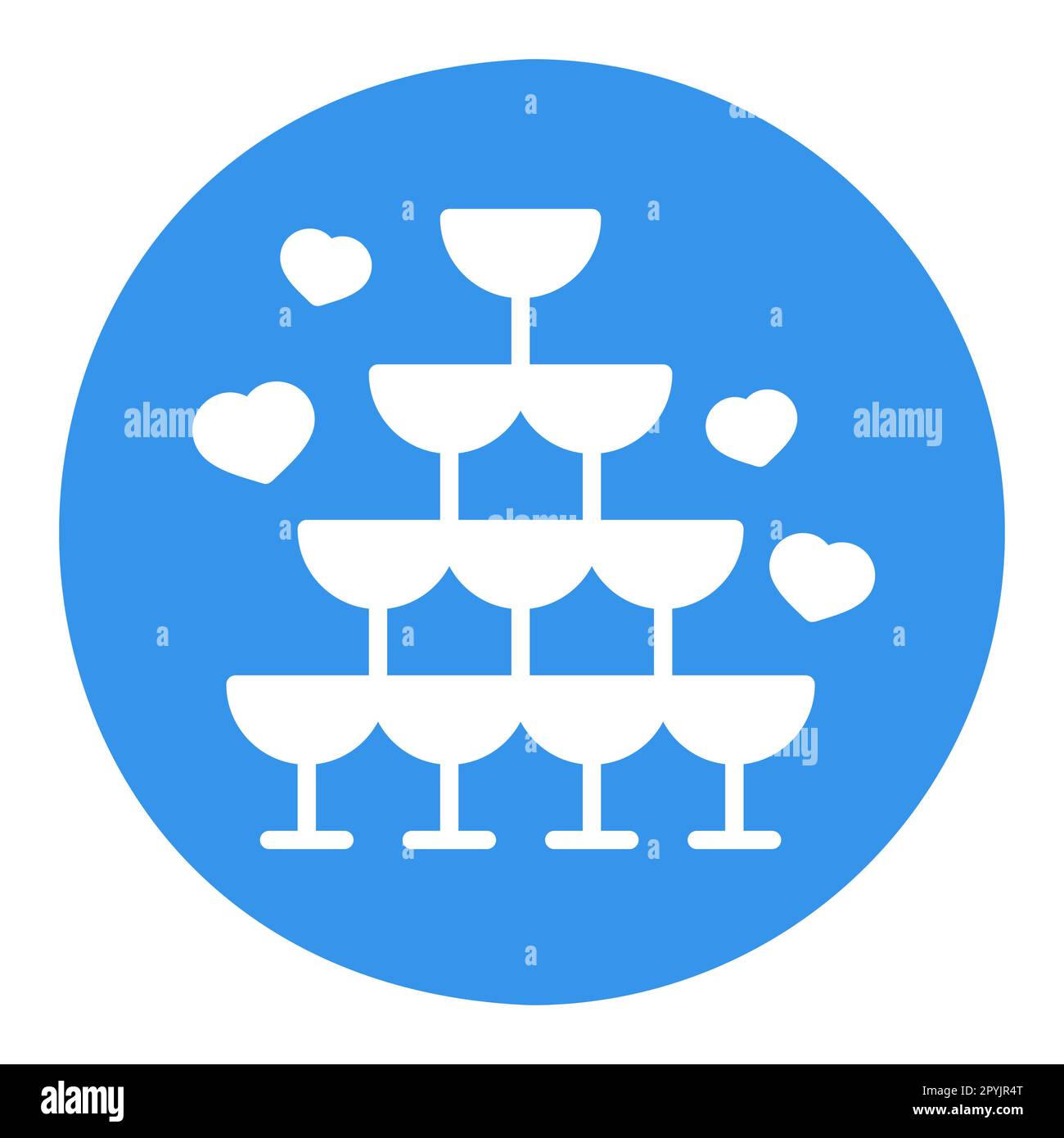 Hochzeitspyramide aus Gläsern isoliertes Glyphe-Symbol. Vektordarstellung, Romantikelemente. Aufkleber, Patch, Marke, Karte für die Ehe, valentine Stockfoto