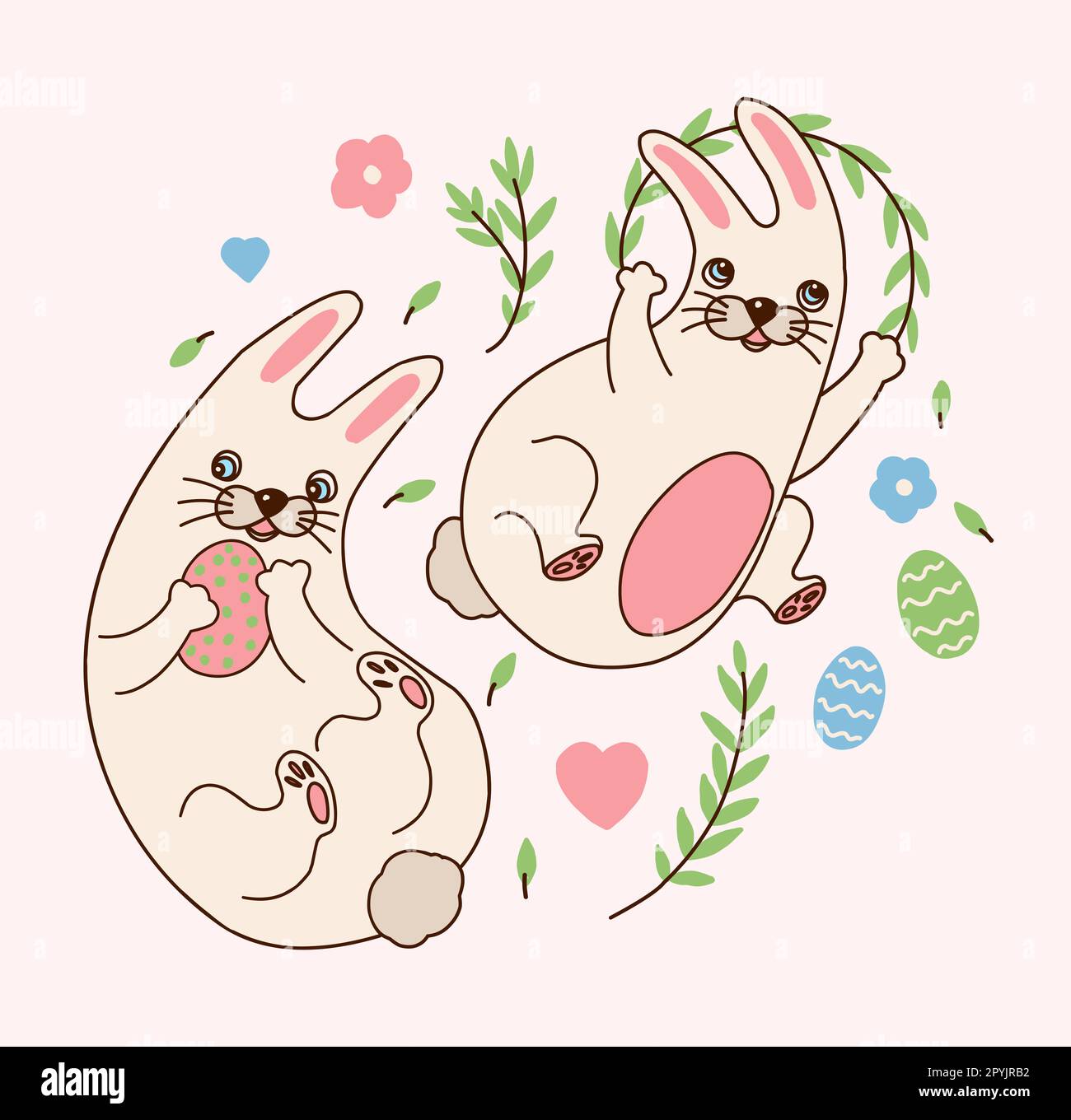 Kawaii, kindisch, niedliches Häschen, Aufkleber. Kaninchen mit Ostereiern, Zweigen und Blumen. Lustiges Kaninchen-Poster. Osterdekor Stockfoto