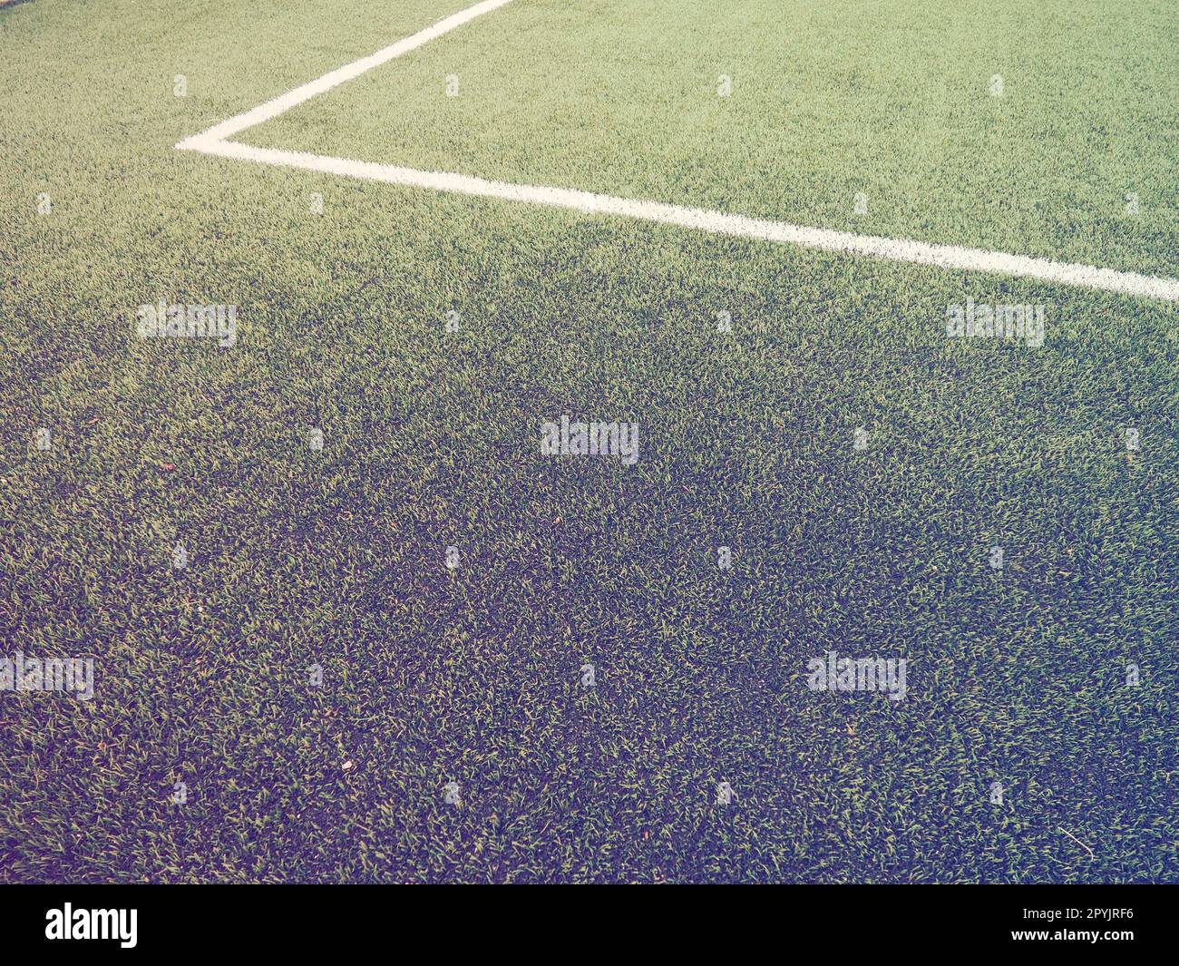 Die Markierung des Fußballfeldes auf dem grünen Gras. Weiße Linien mit einer Breite von maximal 12 cm oder 5 Zoll. Fußballfeld. Seitenlinien, Torlinien. Sonnenblende. Farbe und Lichtverlauf Stockfoto