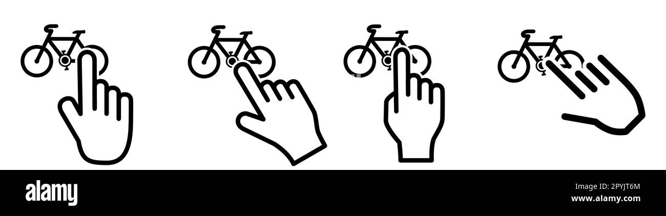 Zeige mit dem Finger auf ein einfaches Fahrradsymbol. Konzept der Motorradauswahl Stock Vektor