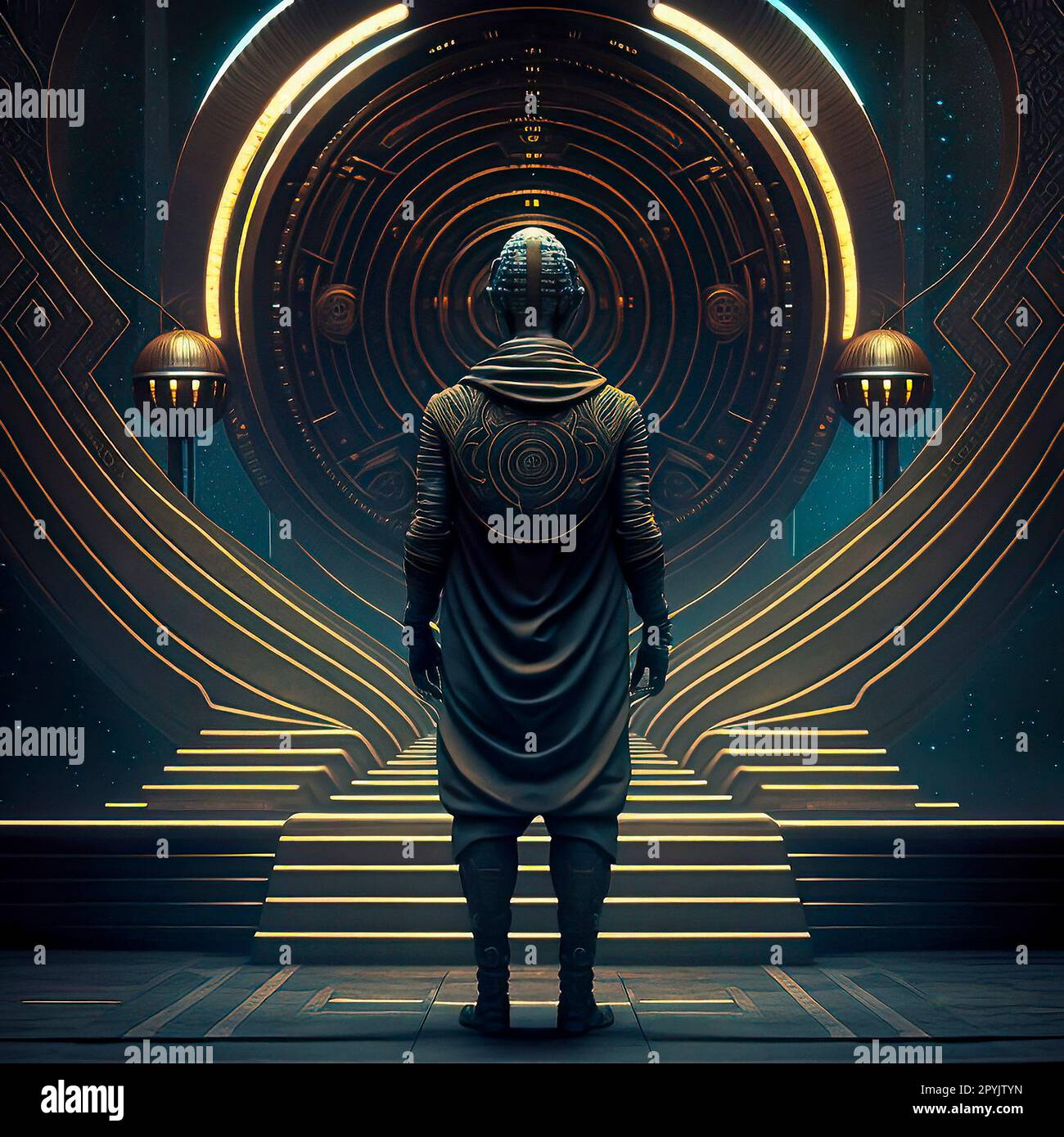 Retro-futuristischer Mann im Sci-Fi Punk Style Outfit, der vor beleuchteten Treppen und einem großen Tor mit Labyrinth steht Stockfoto