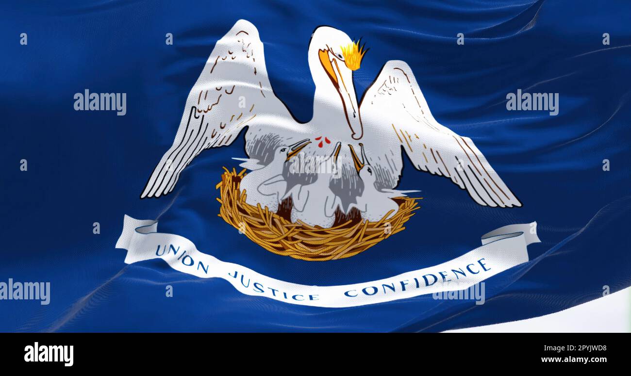 Nahaufnahme der Staatsflagge von Louisiana. Blaue Flagge, weißer Pelikan und Motto, Mitte. US-Staat. Geriffelter Stoff. Strukturierter Hintergrund. 3D Abbildung rende Stockfoto