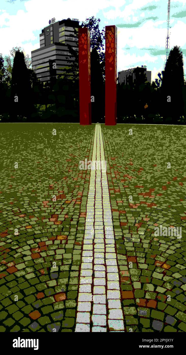 Geometrische Figuren auf dem Platz der Stadt. Die weiße Linie, bestehend aus amen-Kacheln, geht in die Perspektive. Zwei vertikale Säulen in Rot am Horizont Stockfoto
