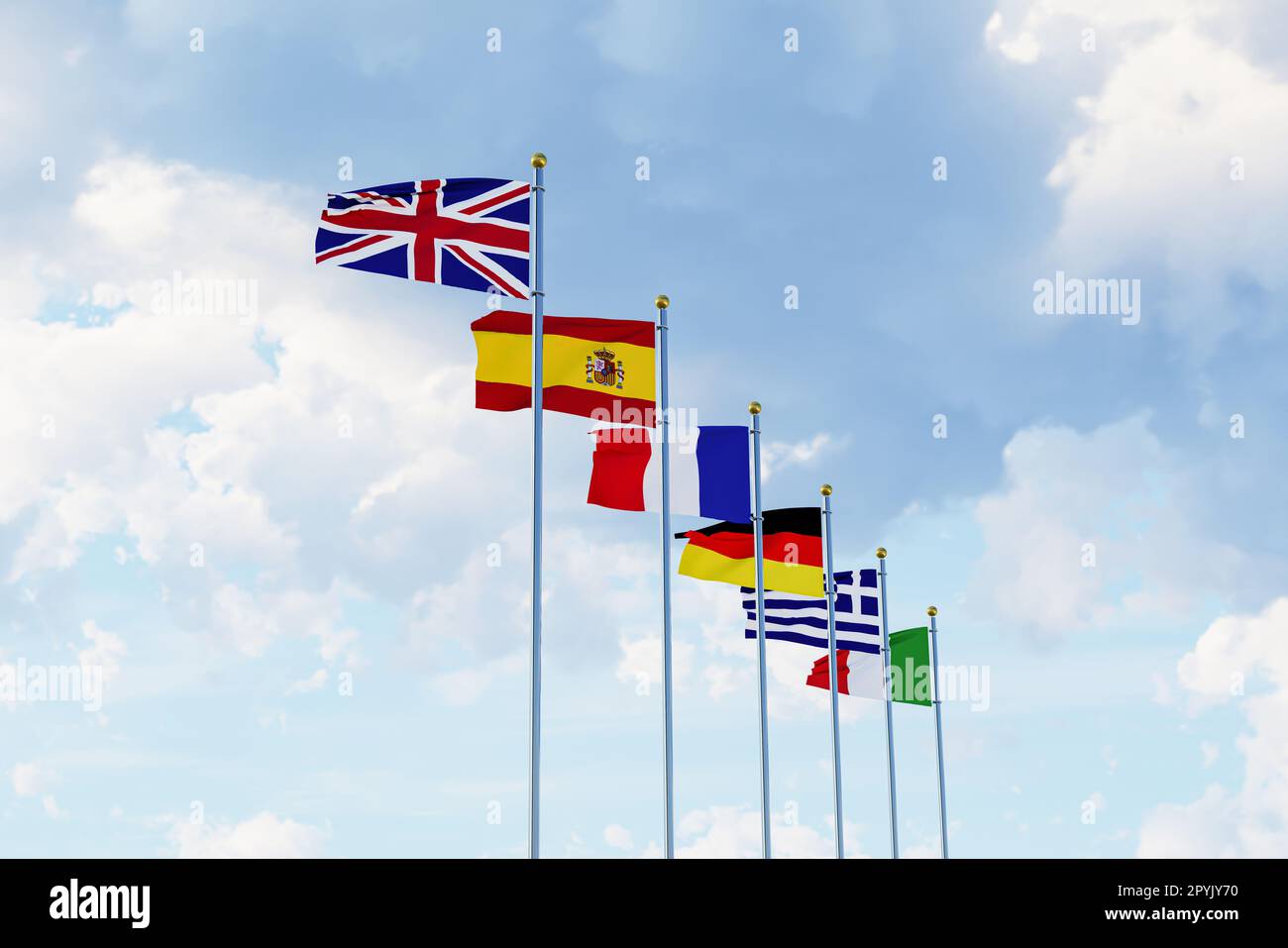 Flaggen der europäischen Länder Großbritannien, Spanien, Frankreich, Deutschland, Griechenland und Italien Stockfoto