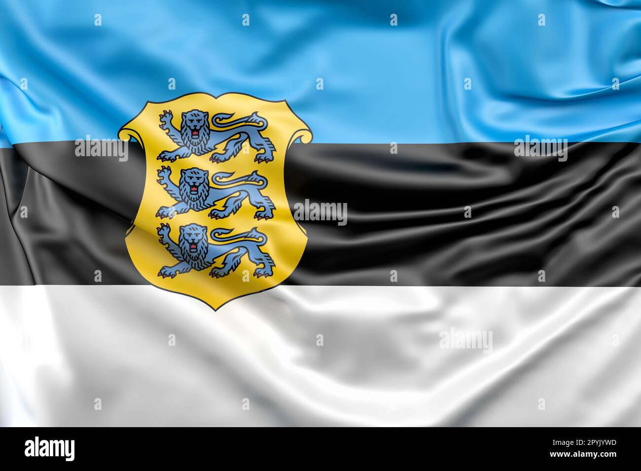 Rüschelflagge Estlands mit Wappen. 3D-Rendering. Isoliert Stockfoto