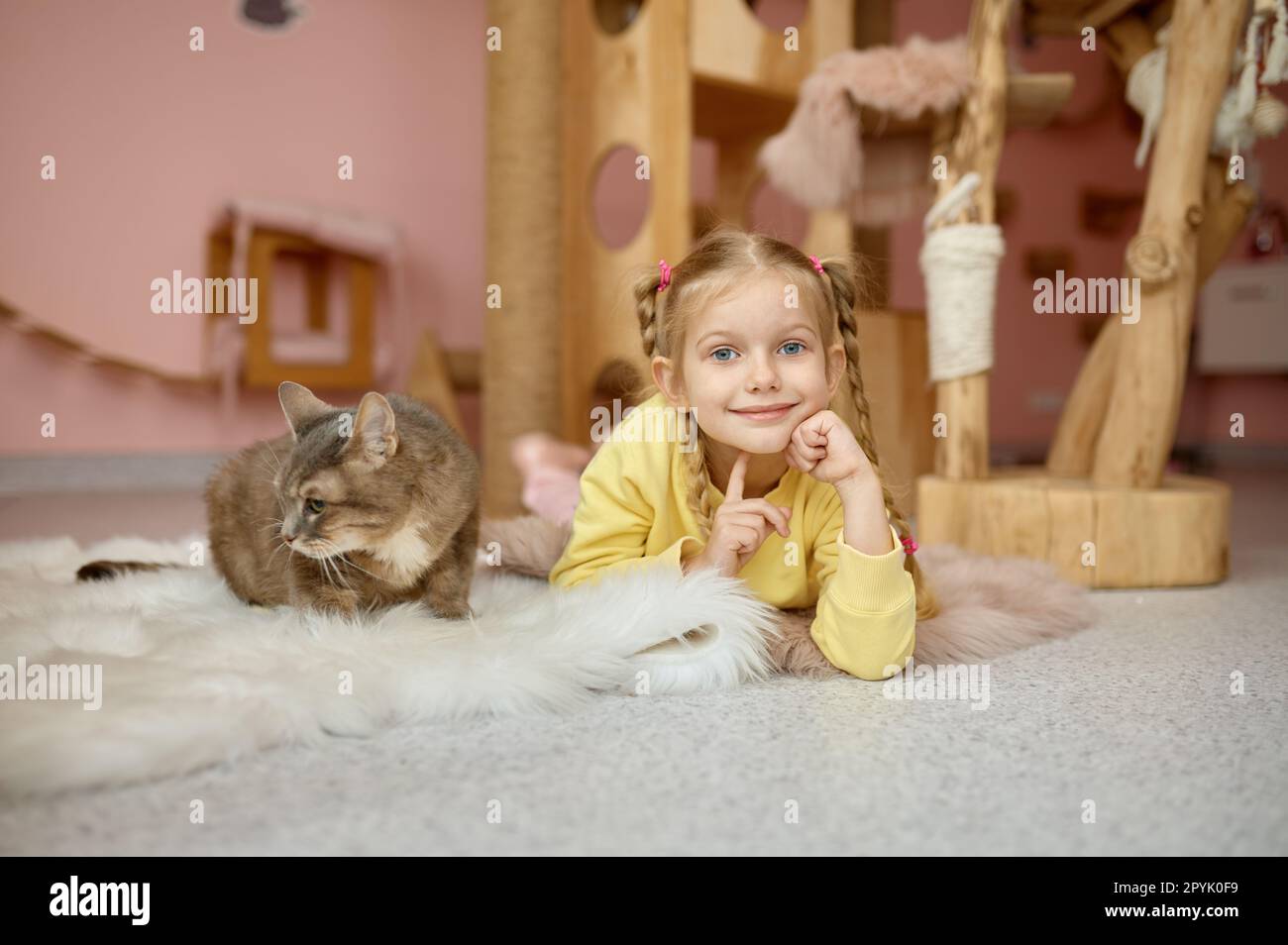 Fröhliches Mädchen lag auf dem Boden mit flauschiger Katze über dem Hintergrund eines Tierheims Stockfoto