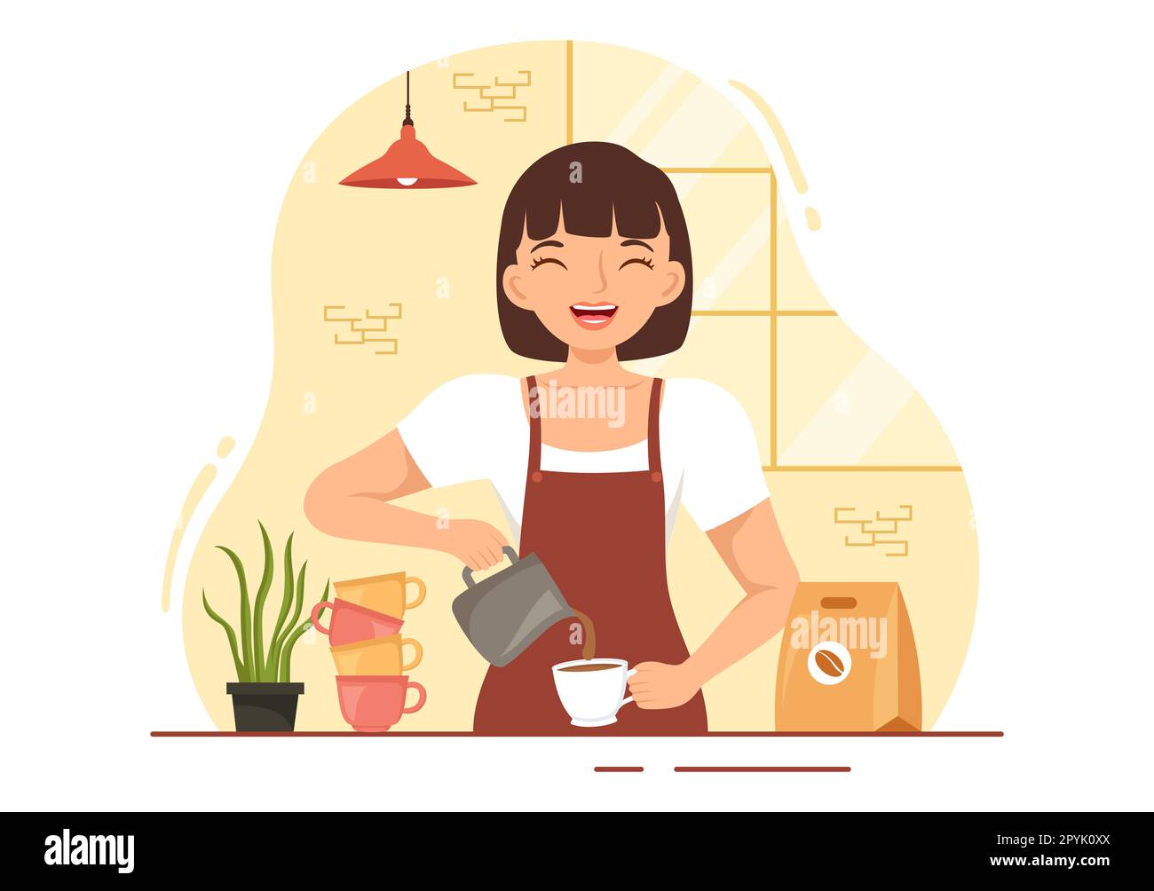 Barista Illustration: Tragen einer Stehschürze zum Zubereiten von Kaffee für Gäste in einer flachen, handgezeichneten Landing-Page oder Webbannervorlage Stockfoto