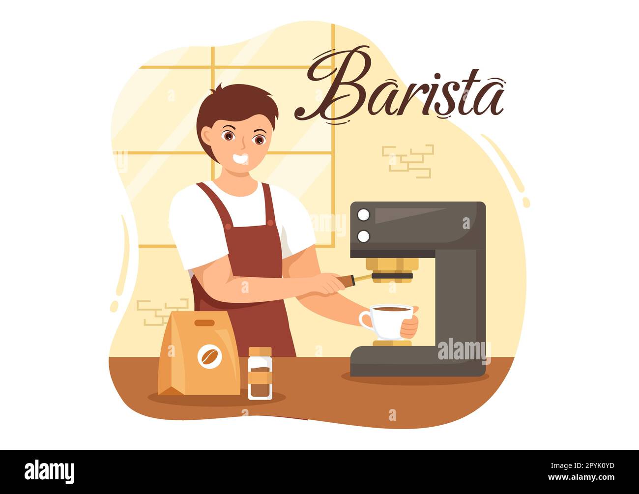 Barista Illustration: Tragen einer Stehschürze zum Zubereiten von Kaffee für Gäste in einer flachen, handgezeichneten Landing-Page oder Webbannervorlage Stockfoto